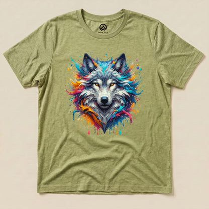 A colorful wolf shirt featuring a vibrant graphic of a wolf's face with splashes of color on an olive green t-shirt.