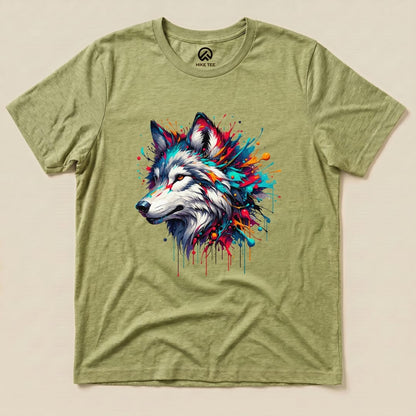 A graphic t-shirt featuring a colorful wolf design with vibrant splashes of paint on an olive green background.