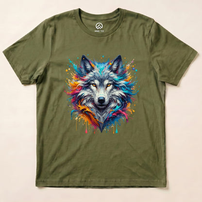 A colorful wolf graphic design is prominently featured on this olive green Hike Tee, showcasing vibrant splashes of color.