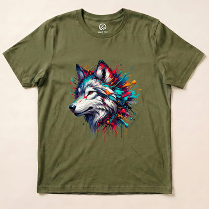 A graphic t-shirt featuring a colorful wolf design with vibrant paint splashes on an olive green background.