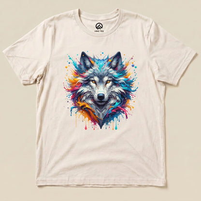 A colorful wolf shirt featuring a vibrant graphic of a wolf's head surrounded by splashes of paint on a light background.