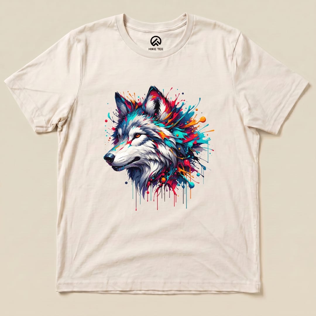 A colorful wolf graphic design adorns the front of this graphic t-shirt from Hike Tee.