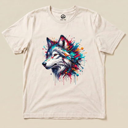 A colorful wolf graphic design adorns the front of this graphic t-shirt from Hike Tee.