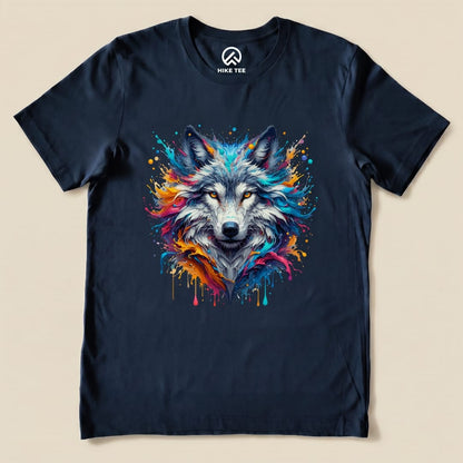A graphic t-shirt featuring a colorful wolf design with vibrant hues and splashes of paint against a dark background.