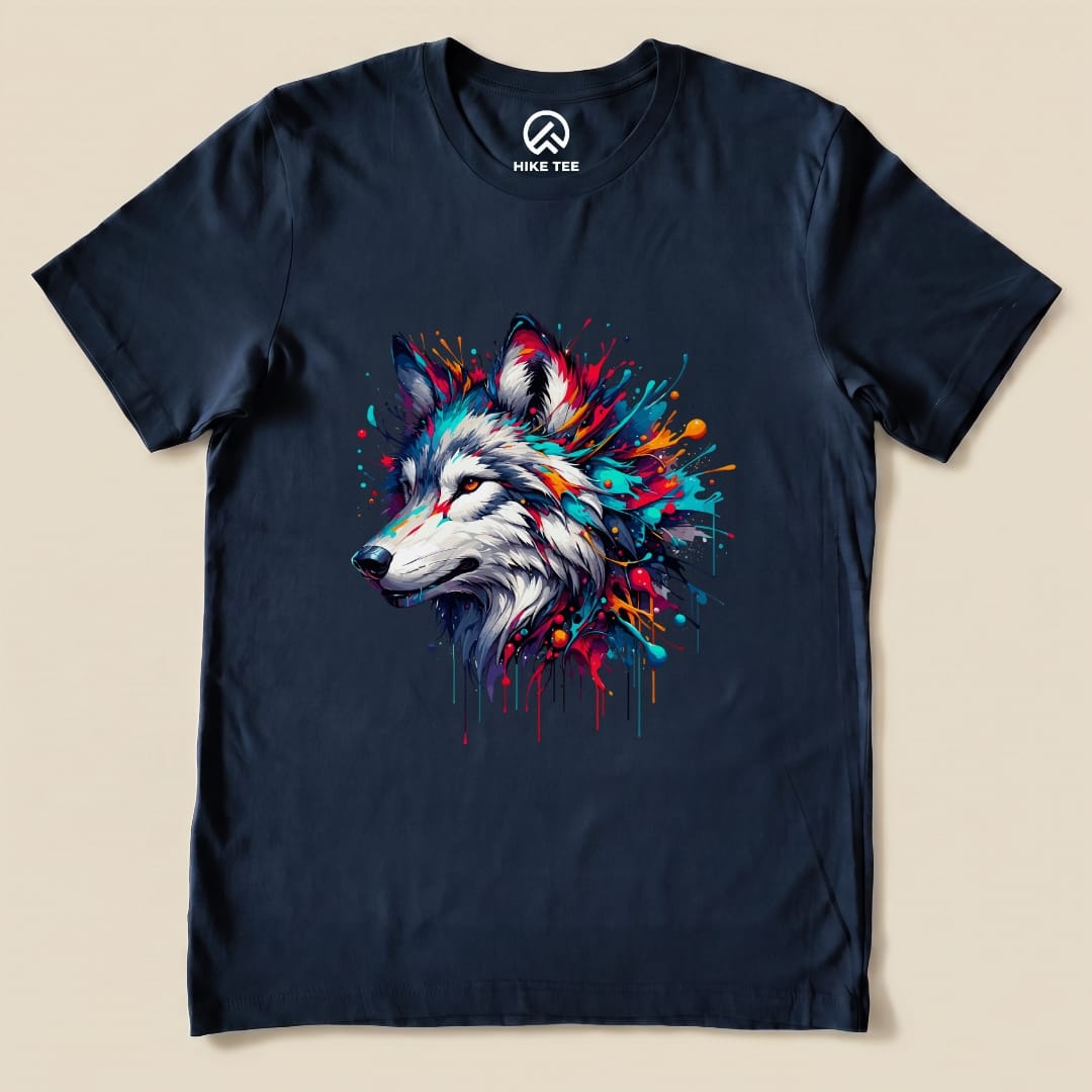 A graphic t-shirt featuring a vibrant, colorful wolf design with splashes of paint, labeled as a Colorful Wolf Shirt.