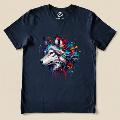 A graphic t-shirt featuring a vibrant, colorful wolf design with splashes of paint, labeled as a Colorful Wolf Shirt.