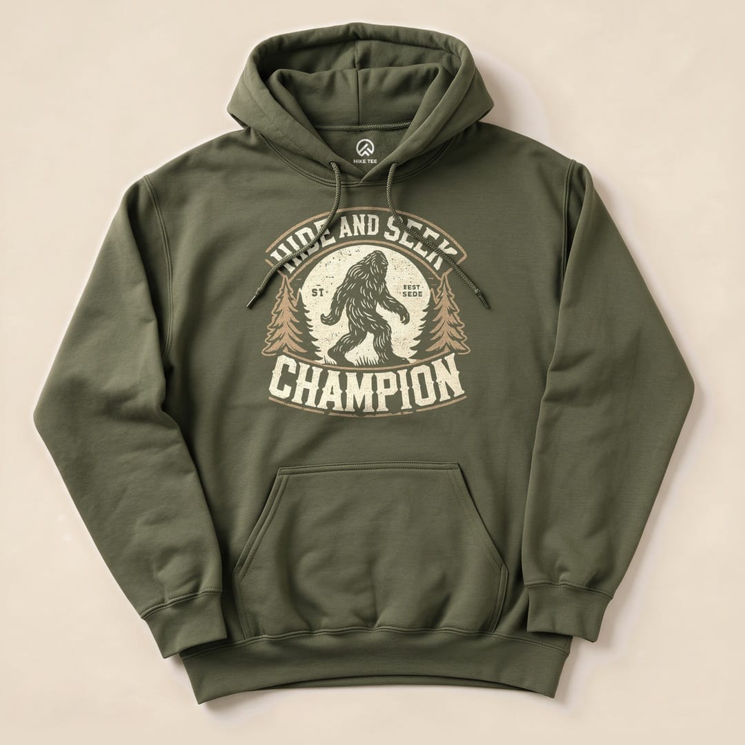 The olive green Hide and Seek Champion Bigfoot Hoodie features a graphic of Bigfoot with trees and bold text in a vintage style.