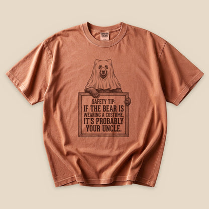 Yam Bear Safety Tip T-Shirt with a bear in a ghost costume and a funny safety tip graphic