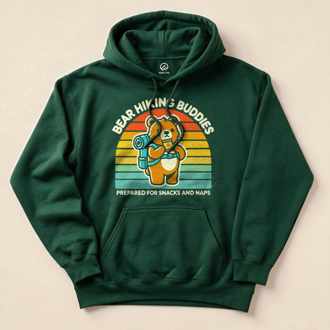 Forest Green Bear Hiking Buddies Hoodie with a cute hiking bear graphic