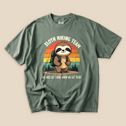 Moss Sloth Hiking Team T-Shirt with a hiking sloth and retro forest sunset graphic