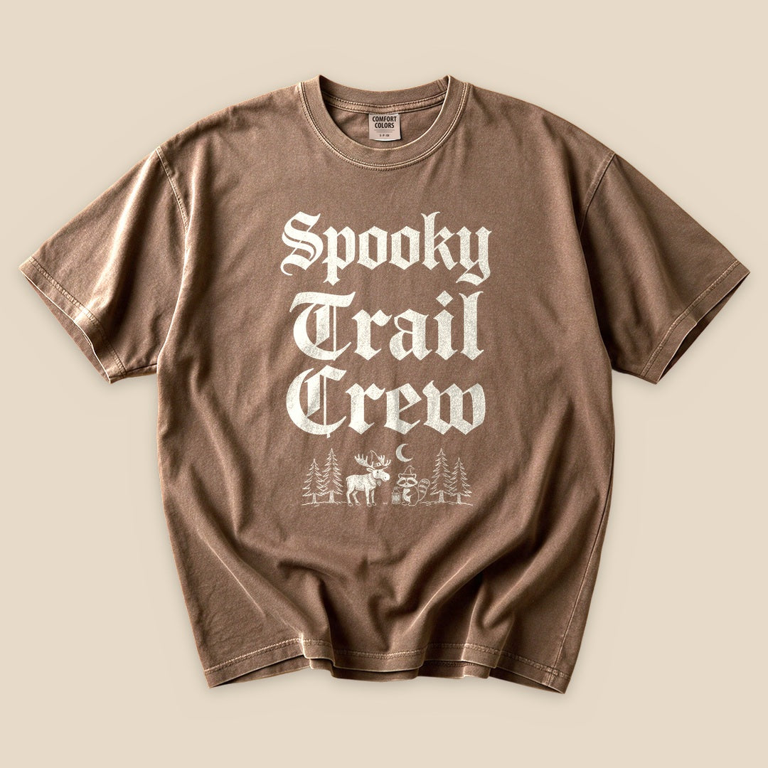 Espresso Spooky Trail Crew T-Shirt with gothic Spooky Trail Crew lettering and a forest graphic