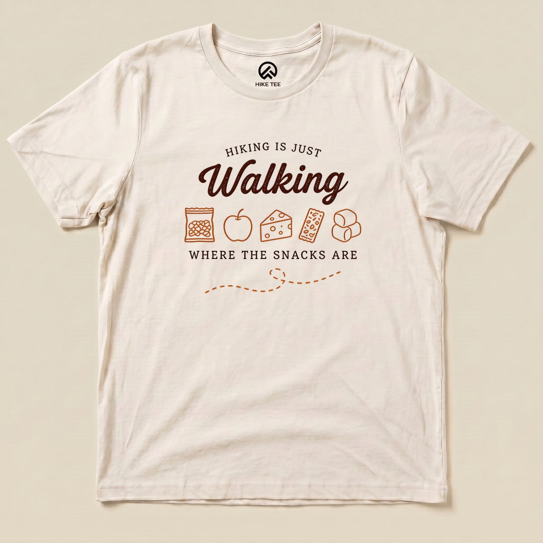 Natural Hiking Is Just Walking Where the Snacks Are Shirt with a trail snacks graphic