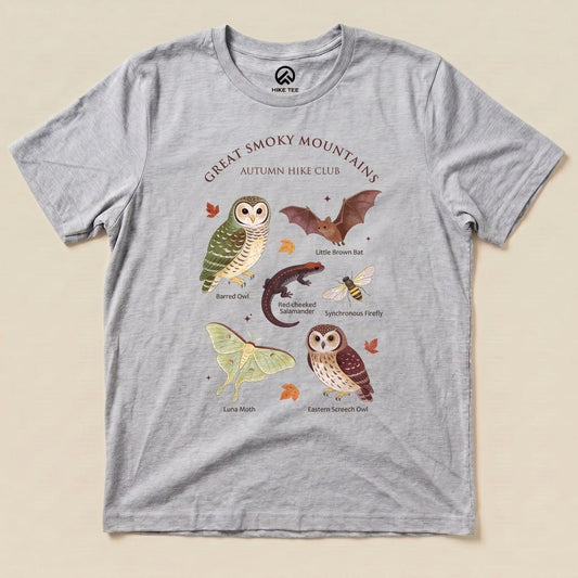 Athletic Heather Great Smoky Field Guide Shirt with a Great Smoky Mountains autumn wildlife field guide graphic