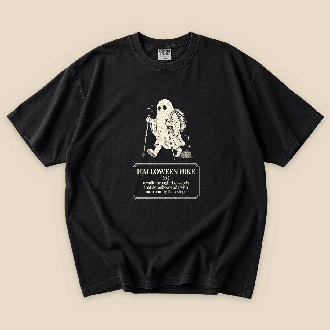 Black Halloween Hike Definition T-Shirt with a hiking ghost and Halloween hike definition graphic