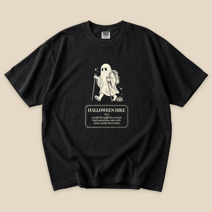 Black Halloween Hike Definition T-Shirt with a hiking ghost and Halloween hike definition graphic