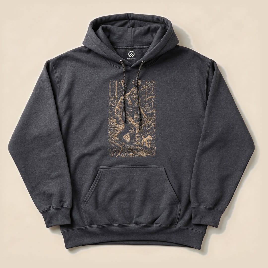 A dark hoodie featuring a graphic of Bigfoot walking a small dog, labeled "Walking the Dog Hoodie.