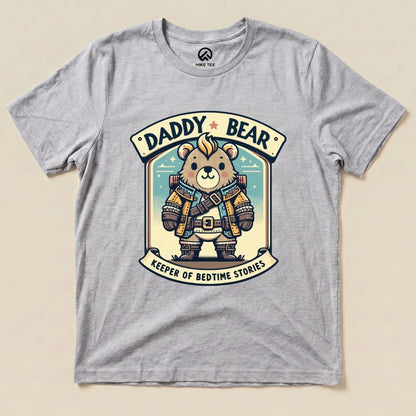 The "Daddy Bear Shirt" features a cute bear graphic dressed in explorer attire with the slogan "Keeper of Bedtime Stories.