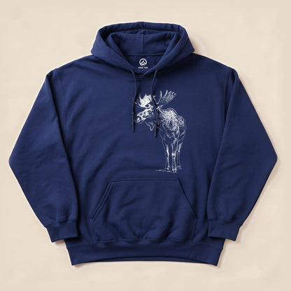 Navy Vintage Moose Hoodie with a vintage moose sketch graphic