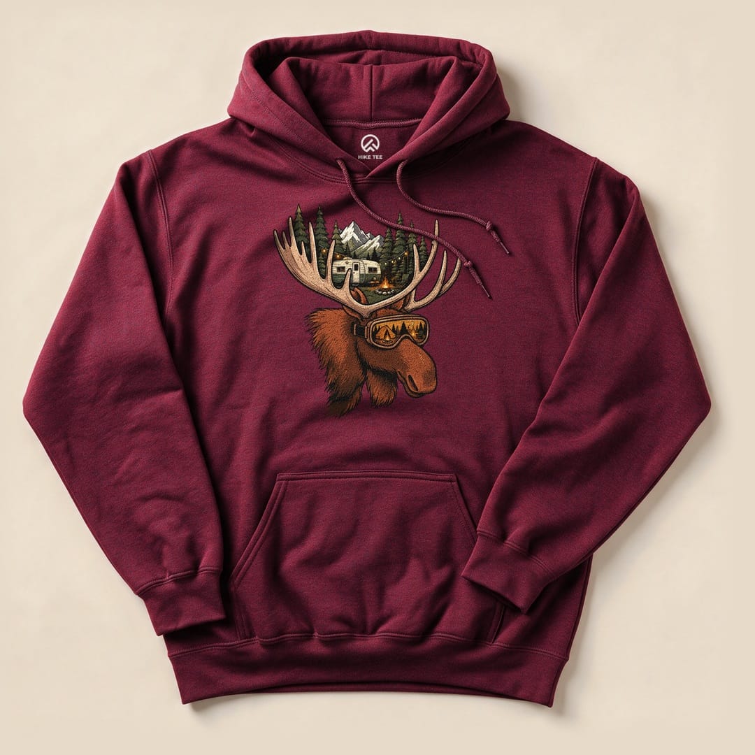 Maroon Rad Moose Hoodie with a moose wearing ski goggles graphic