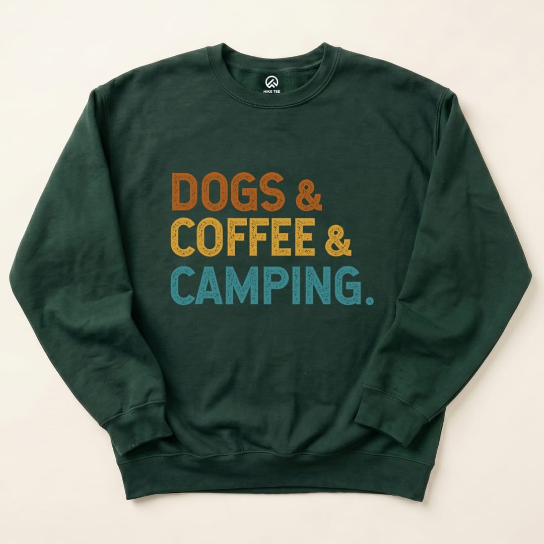 Dog & Coffee Camping Sweatshirt Hike Tee Sweatshirt Forest Green / S