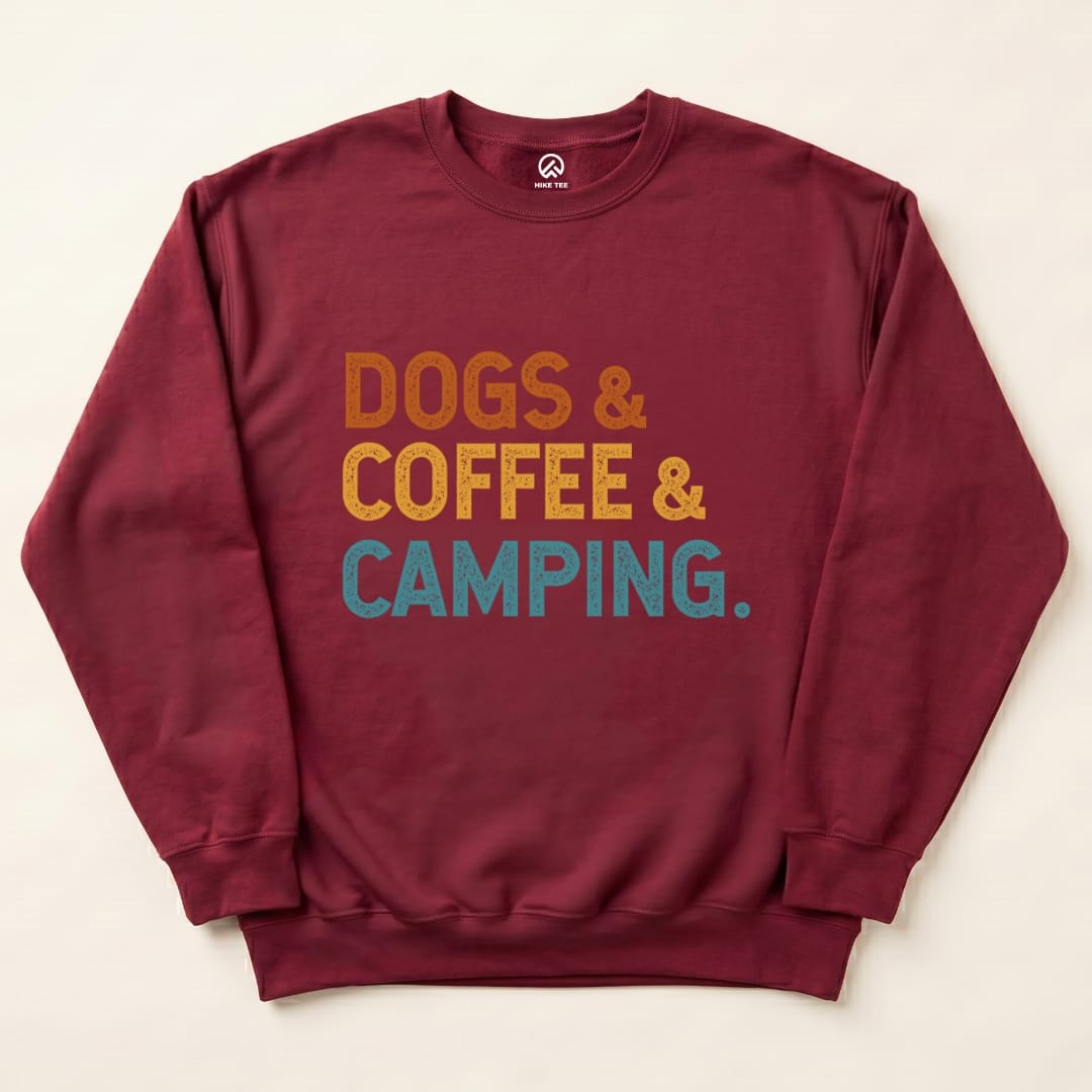 Dog & Coffee Camping Sweatshirt Hike Tee Sweatshirt Maroon / S