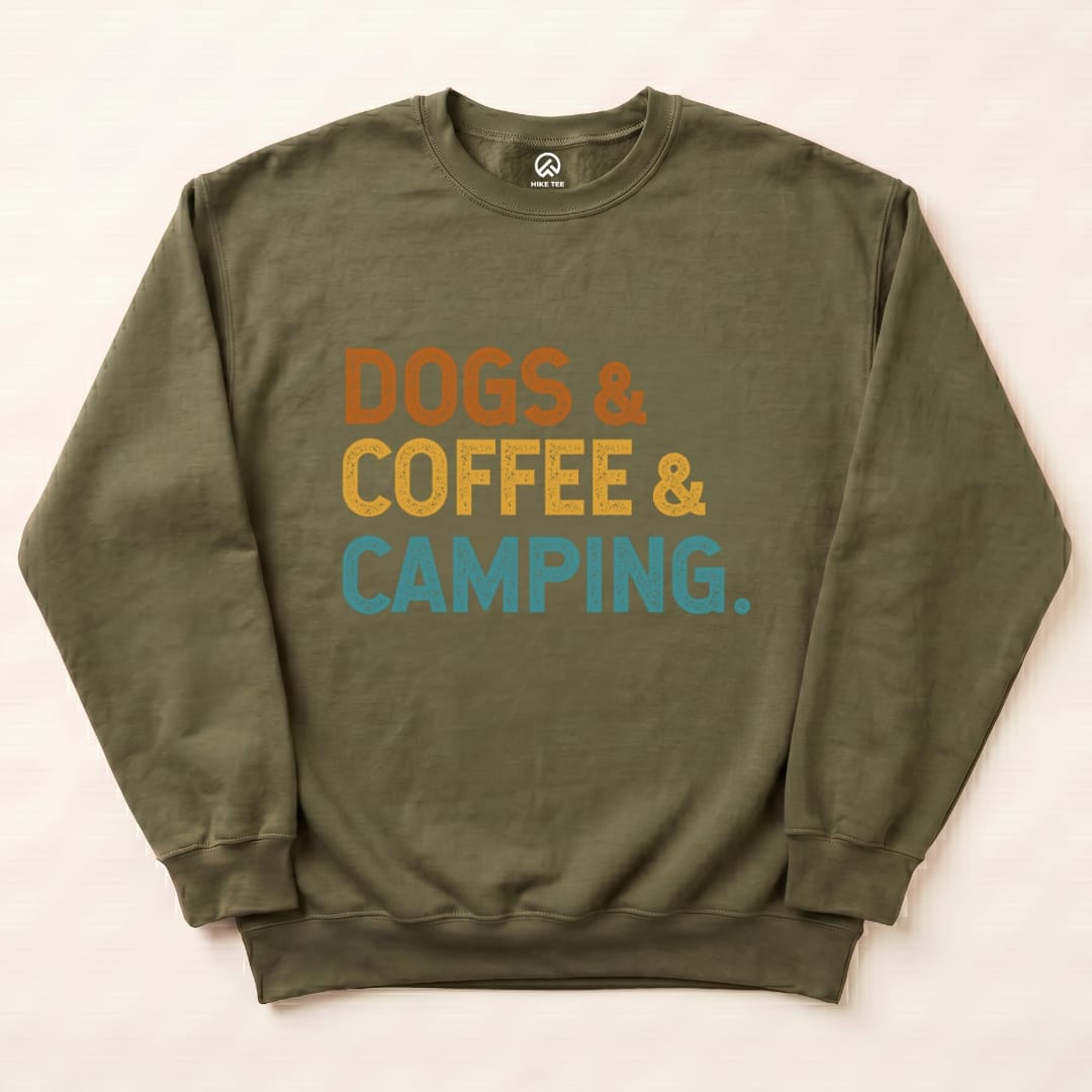 Dog & Coffee Camping Sweatshirt Hike Tee Sweatshirt Military Green / S