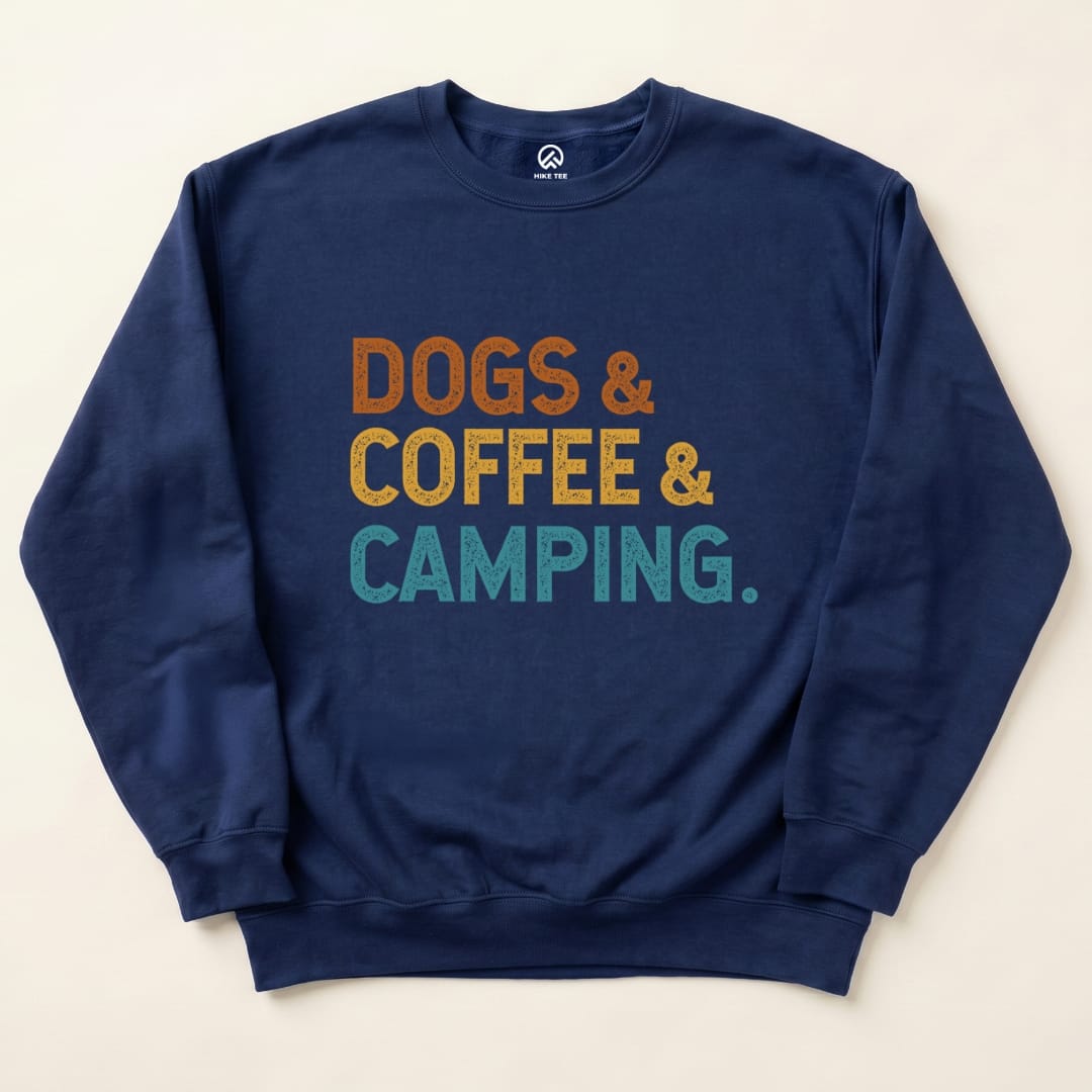 Dog & Coffee Camping Sweatshirt Hike Tee Sweatshirt Navy / S