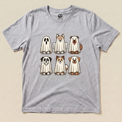 A graphic t-shirt featuring six cartoon dogs playfully dressed as ghosts on a light grey background, labeled as the "Dog Ghosts Shirt.