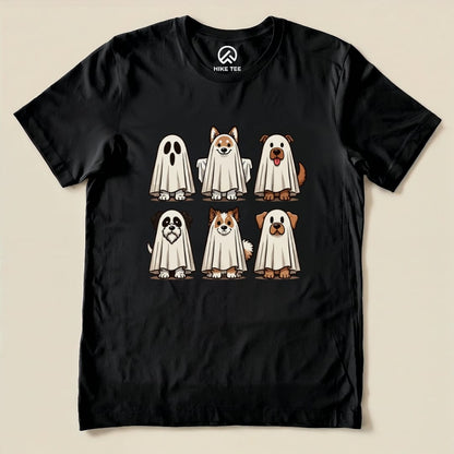 A black graphic t-shirt featuring cute dogs in ghost costumes, titled "Dog Ghosts Shirt," with six playful characters.