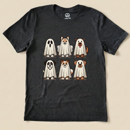 A graphic t-shirt featuring a fun design of six dogs dressed as ghosts, labeled as the "Dog Ghosts Shirt.