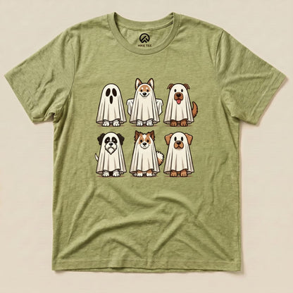 A graphic t-shirt features six dogs humorously dressed as ghosts with playful expressions, showcasing the "Dog Ghosts Shirt" design.