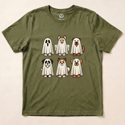 The Dog Ghosts Shirt features six playful dogs dressed as ghosts, printed on an olive green graphic t-shirt.