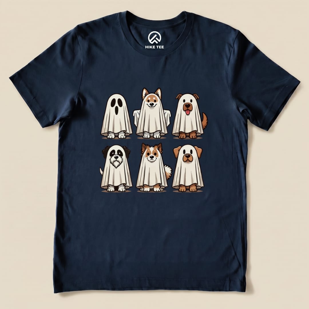 Navy graphic t-shirt featuring six playful dog ghosts with a variety of breeds, titled the "Dog Ghosts Shirt.