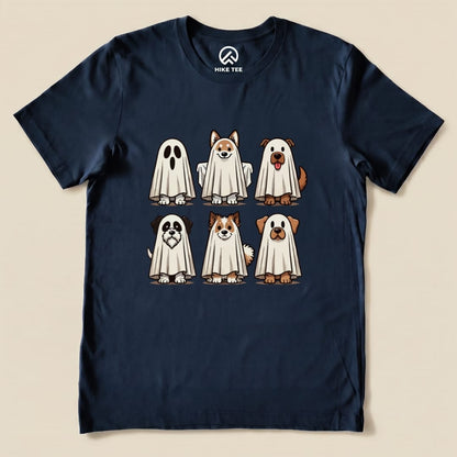 Navy graphic t-shirt featuring six playful dog ghosts with a variety of breeds, titled the "Dog Ghosts Shirt.