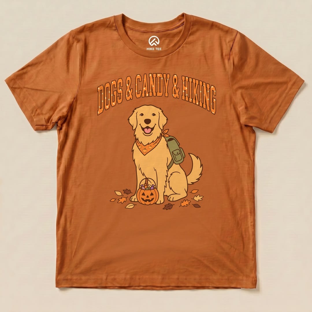 Autumn Dogs & Candy & Hiking Shirt with a golden retriever with a pumpkin candy bucket graphic