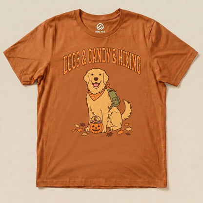 Autumn Dogs & Candy & Hiking Shirt with a golden retriever with a pumpkin candy bucket graphic