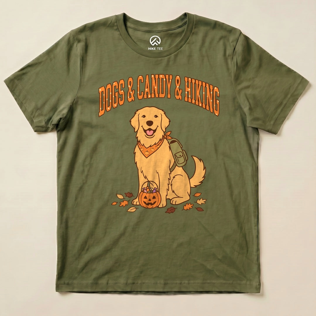 Military Green Dogs & Candy & Hiking Shirt with a golden retriever with a pumpkin candy bucket graphic