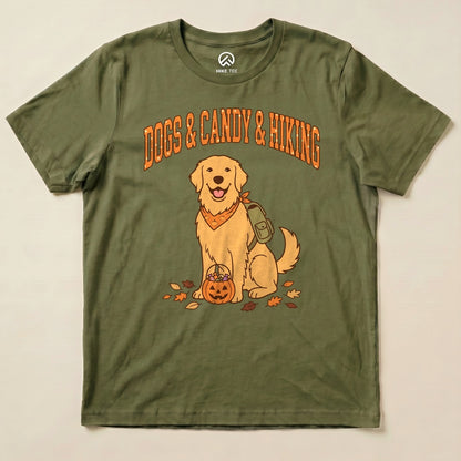 Military Green Dogs & Candy & Hiking Shirt with a golden retriever with a pumpkin candy bucket graphic