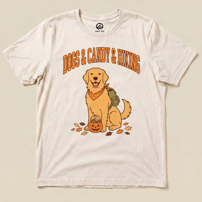 Natural Dogs & Candy & Hiking Shirt with a golden retriever with a pumpkin candy bucket graphic