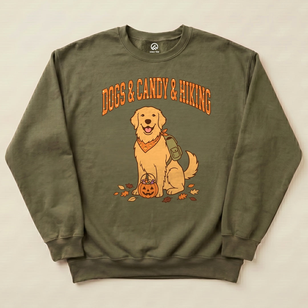 The olive green Dogs & Candy & Hiking Sweatshirt features a cheerful golden retriever with a pumpkin and autumn leaves graphic.