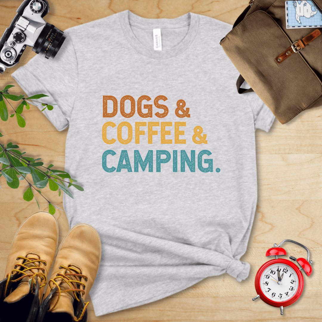 Printify T-Shirt Athletic Heather / S Dogs & Coffee & Camping Shirt