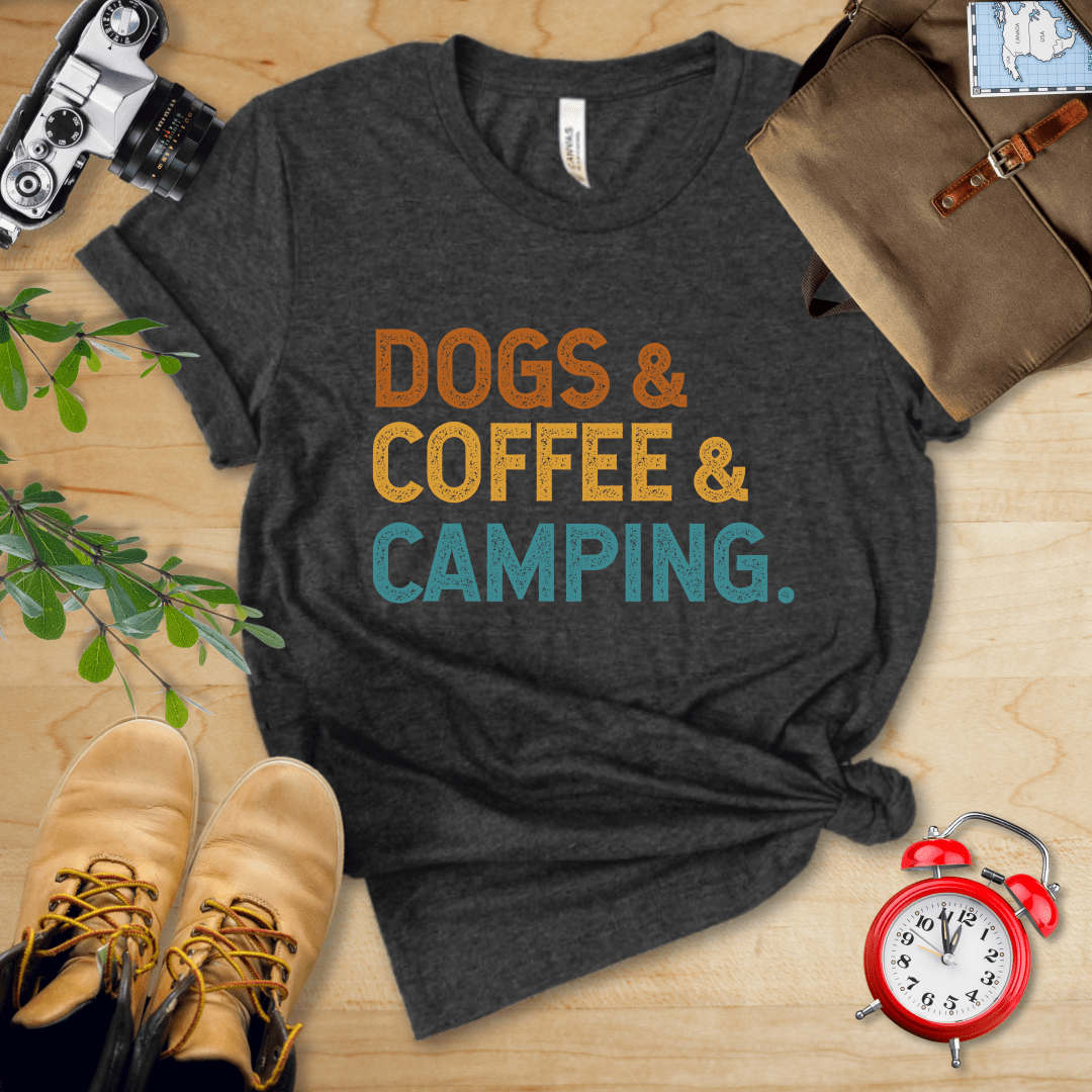 Printify T-Shirt Dark Grey Heather / S Dogs & Coffee & Camping Shirt