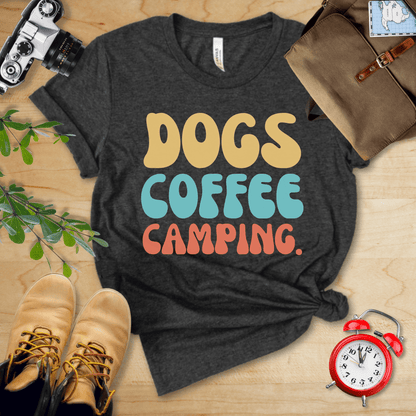 Printify T-Shirt Dark Grey Heather / S Dogs Coffee Camping Shirt