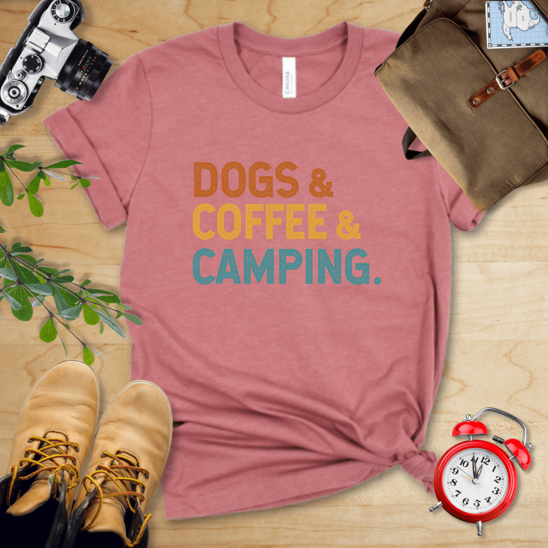 Printify T-Shirt Heather Mauve / S Dogs & Coffee & Camping Shirt