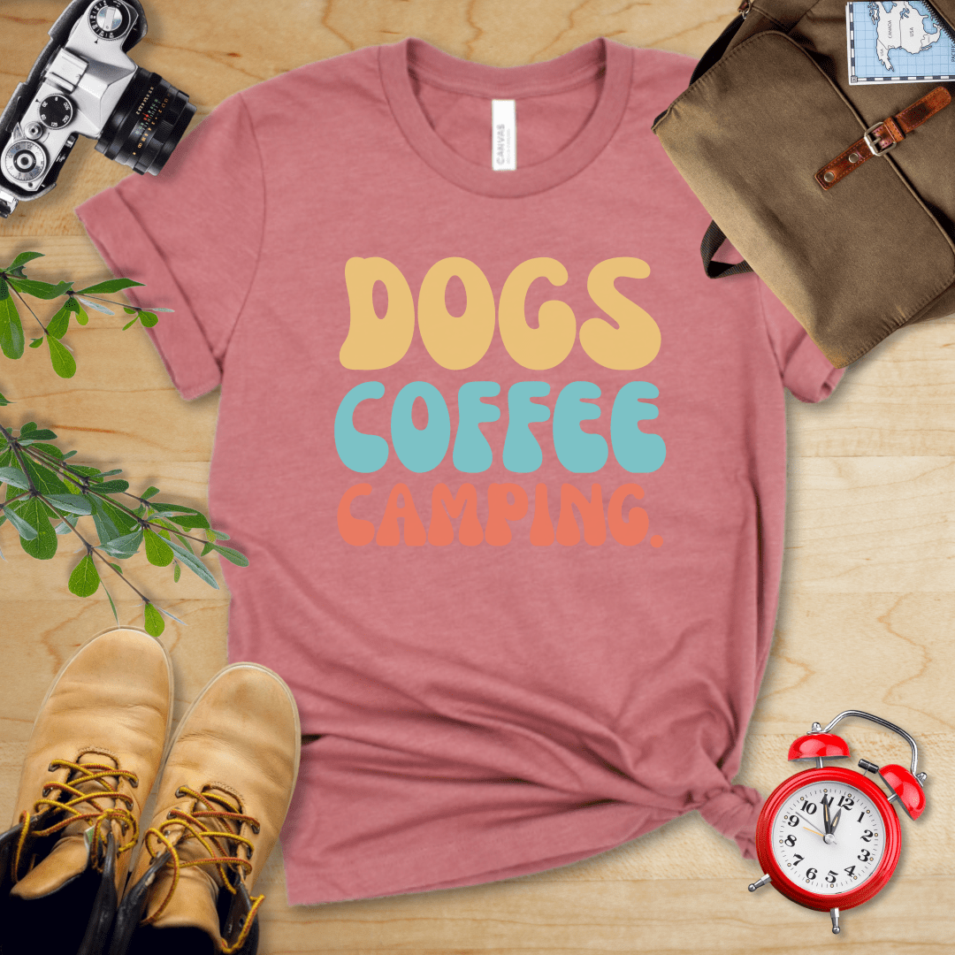 Printify T-Shirt Heather Mauve / S Dogs Coffee Camping Shirt