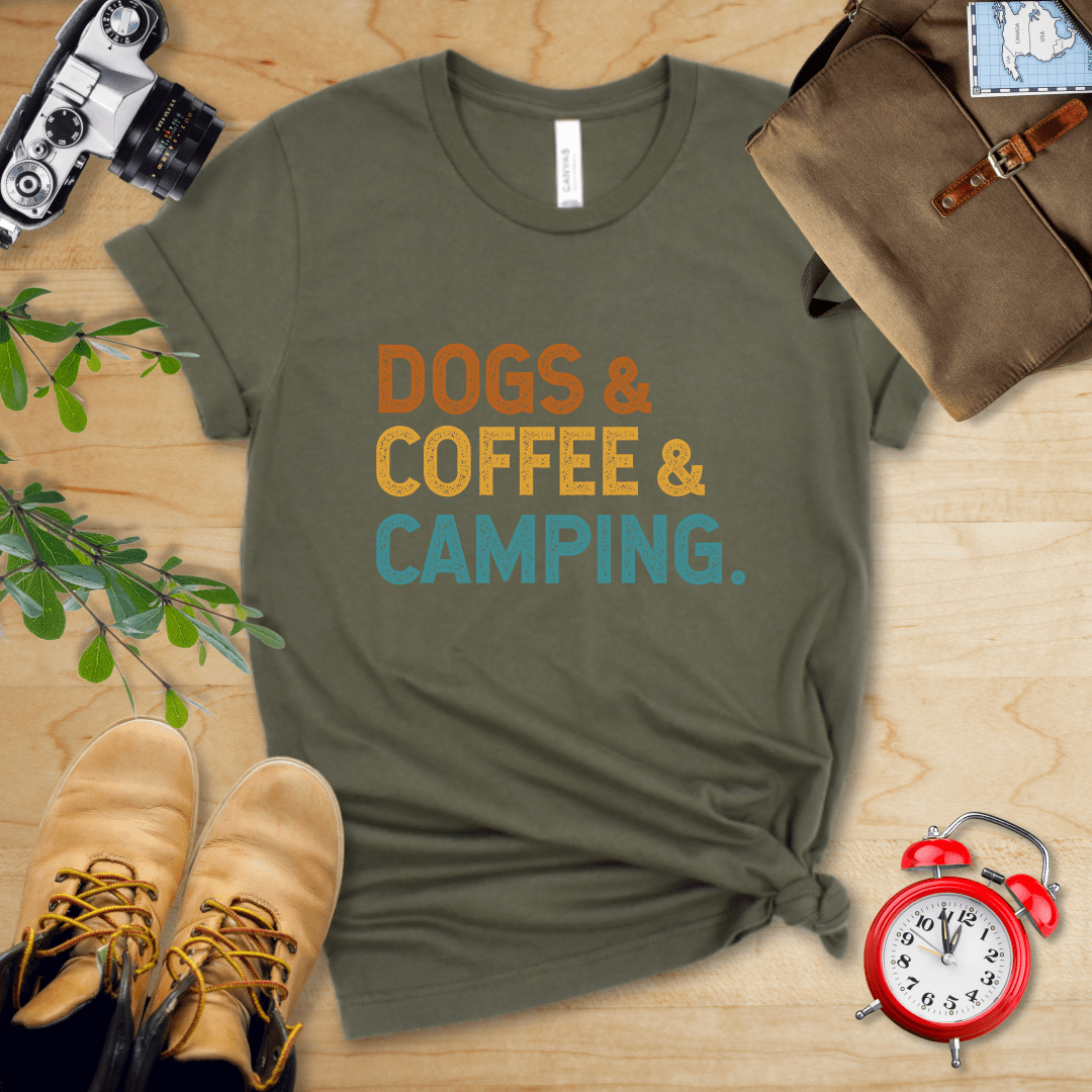 Printify T-Shirt Military Green / S Dogs & Coffee & Camping Shirt