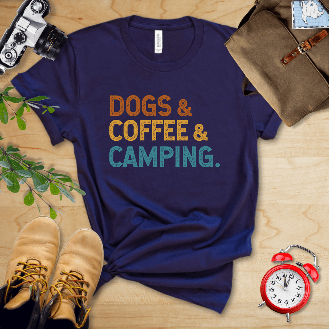 Printify T-Shirt Navy / S Dogs & Coffee & Camping Shirt