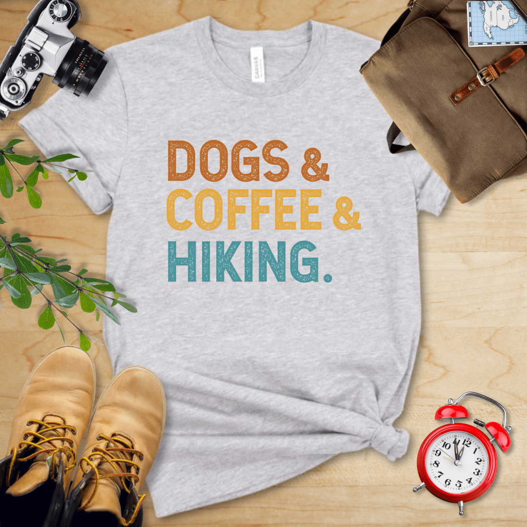 Printify T-Shirt Athletic Heather / S Dogs & Coffee & Hiking Shirt