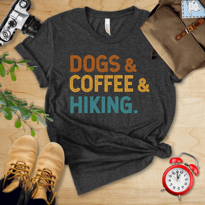 Printify T-Shirt Dark Grey Heather / S Dogs & Coffee & Hiking Shirt