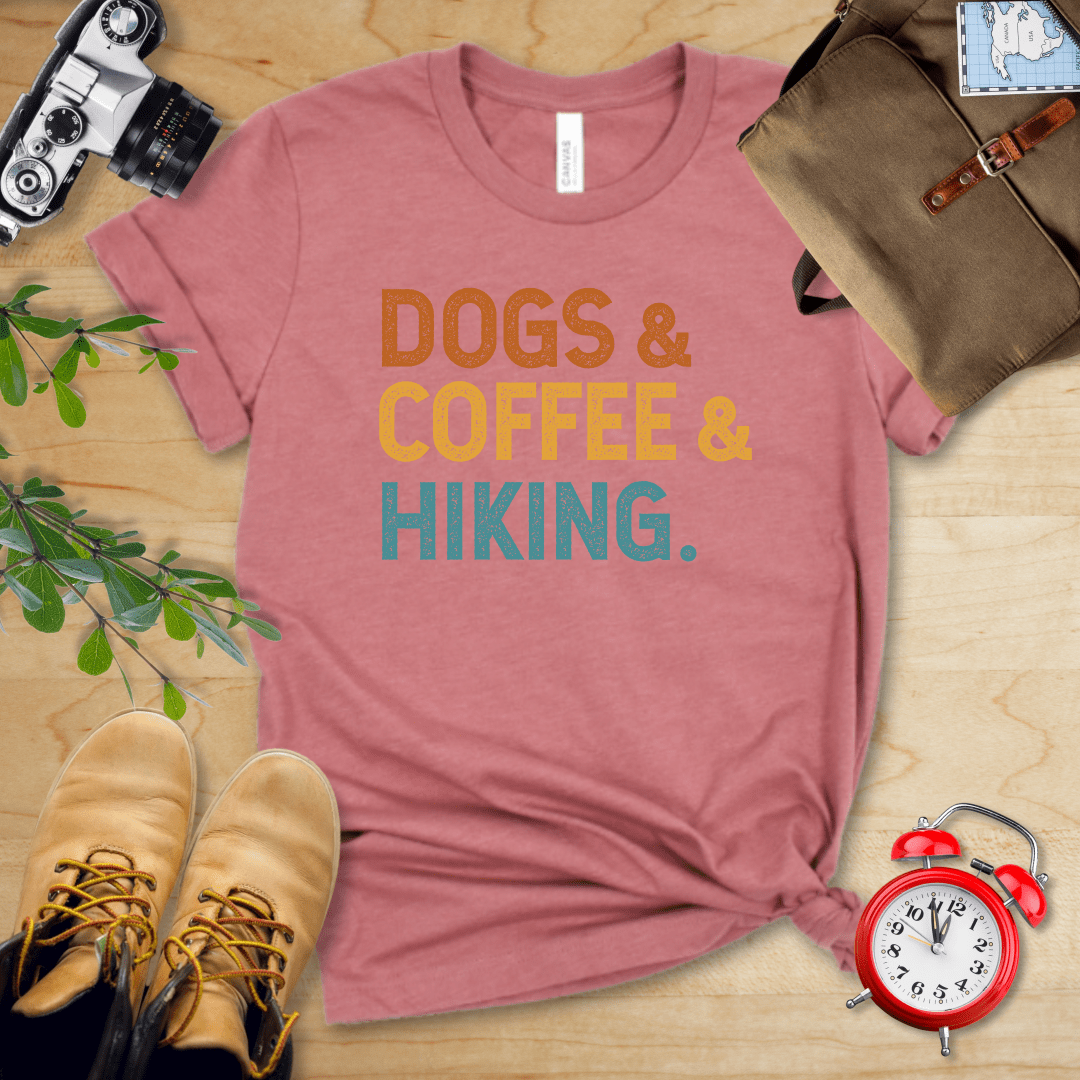 Printify T-Shirt Heather Mauve / S Dogs & Coffee & Hiking Shirt